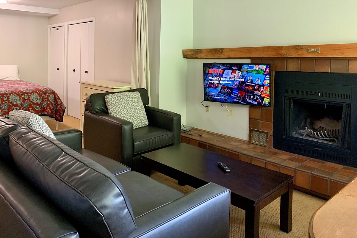 Living area with couches and television.
