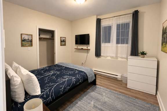 Queen bedroom at Little Falls Landing with wall-mounted TV, dresser, closet and large window