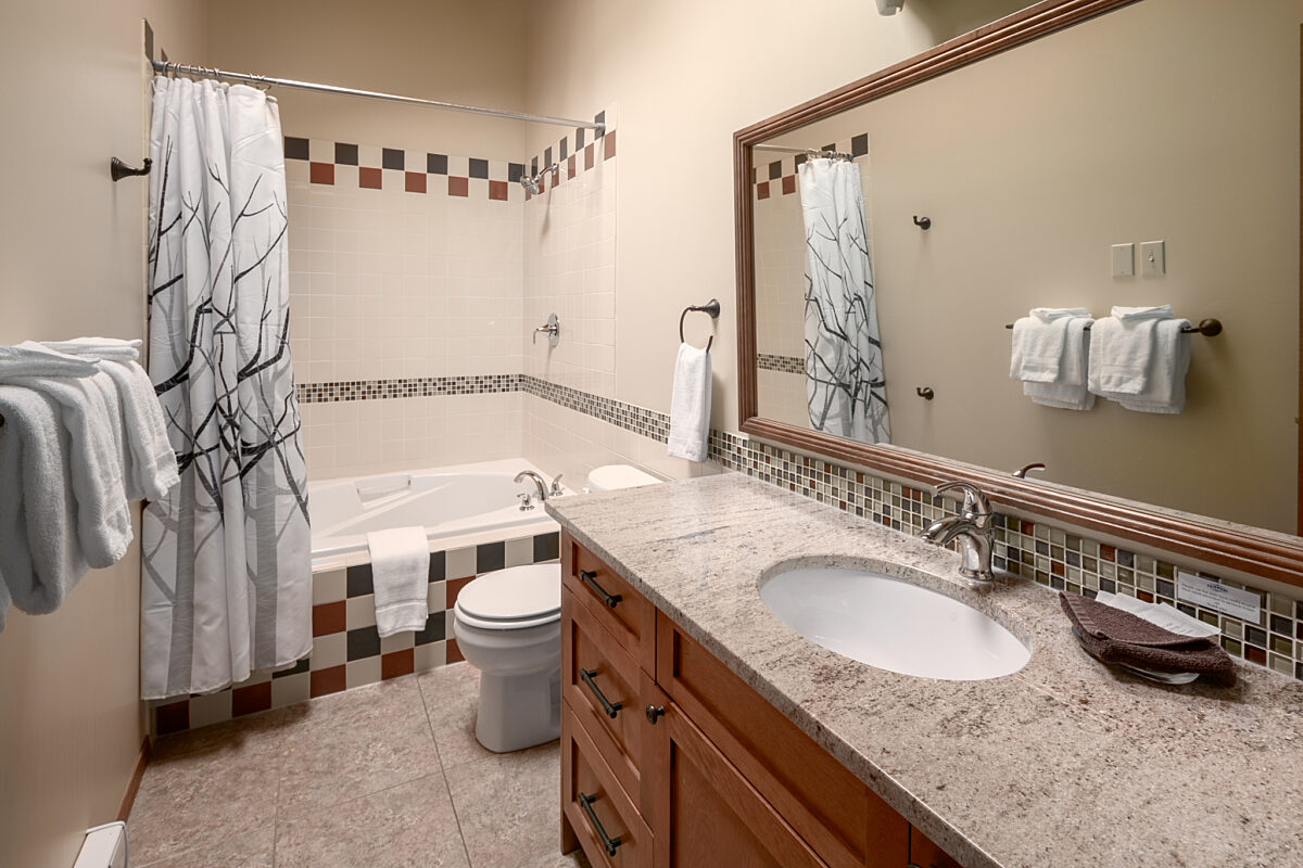 Bathroom area with bathtub, shower, kitchen sink, and vanity.