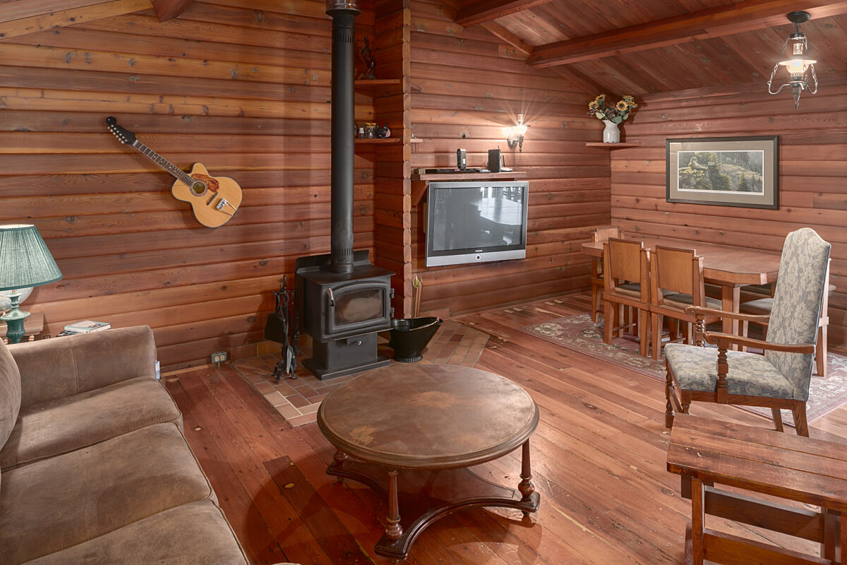 Rustic cabin living space with wood stove, tables, chairs, and assorted seating.