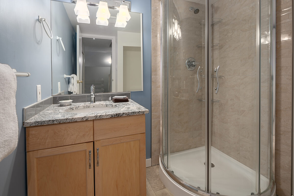 Bathroom with vanity, shower