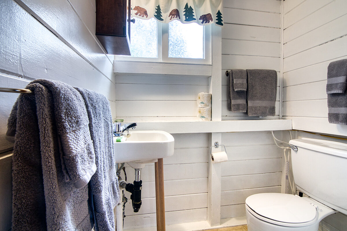 Bathroom area with white walls, toilet, and sink.