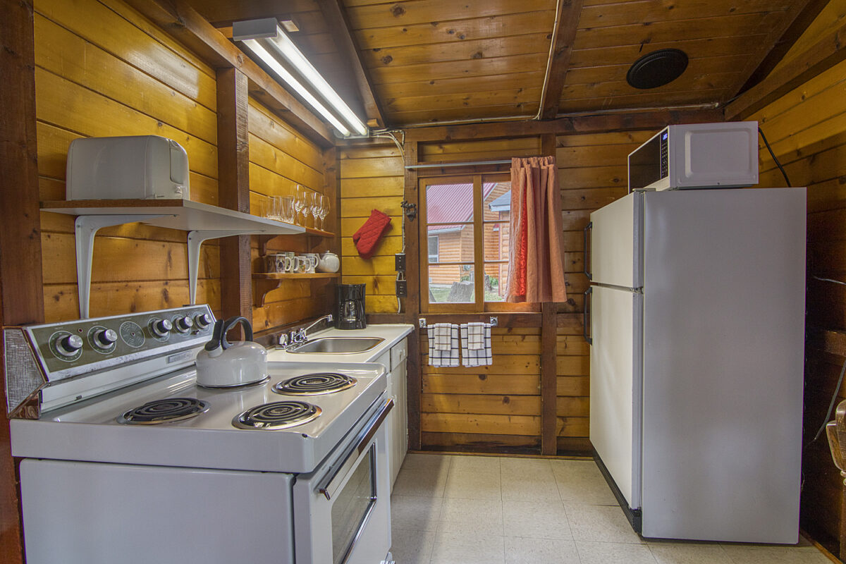 Kitchen area with wood panelling