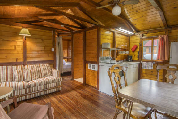 Living room area with couch, dining room table and chairs, and kitchen in the background.