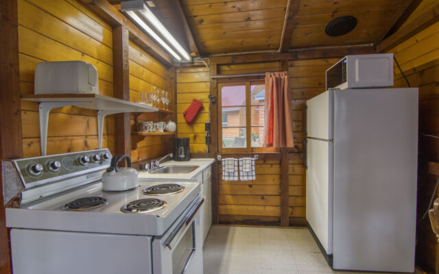 Outdoor living space with two red chairs, lilac bushes, and greenery.