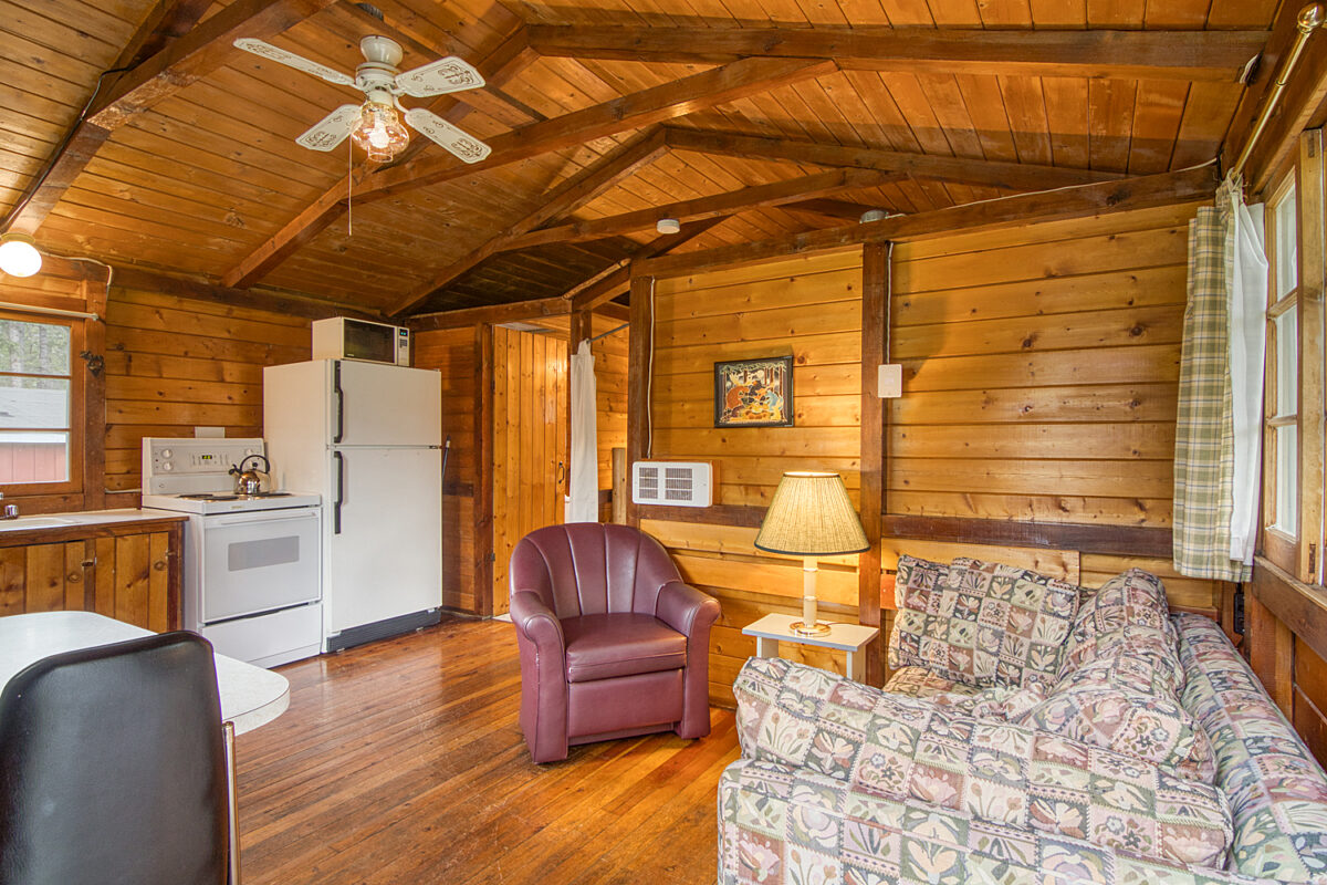 Living room of wood panelled cabin with floral couch, lamp, and window. Kitchen area with appliances to the right.