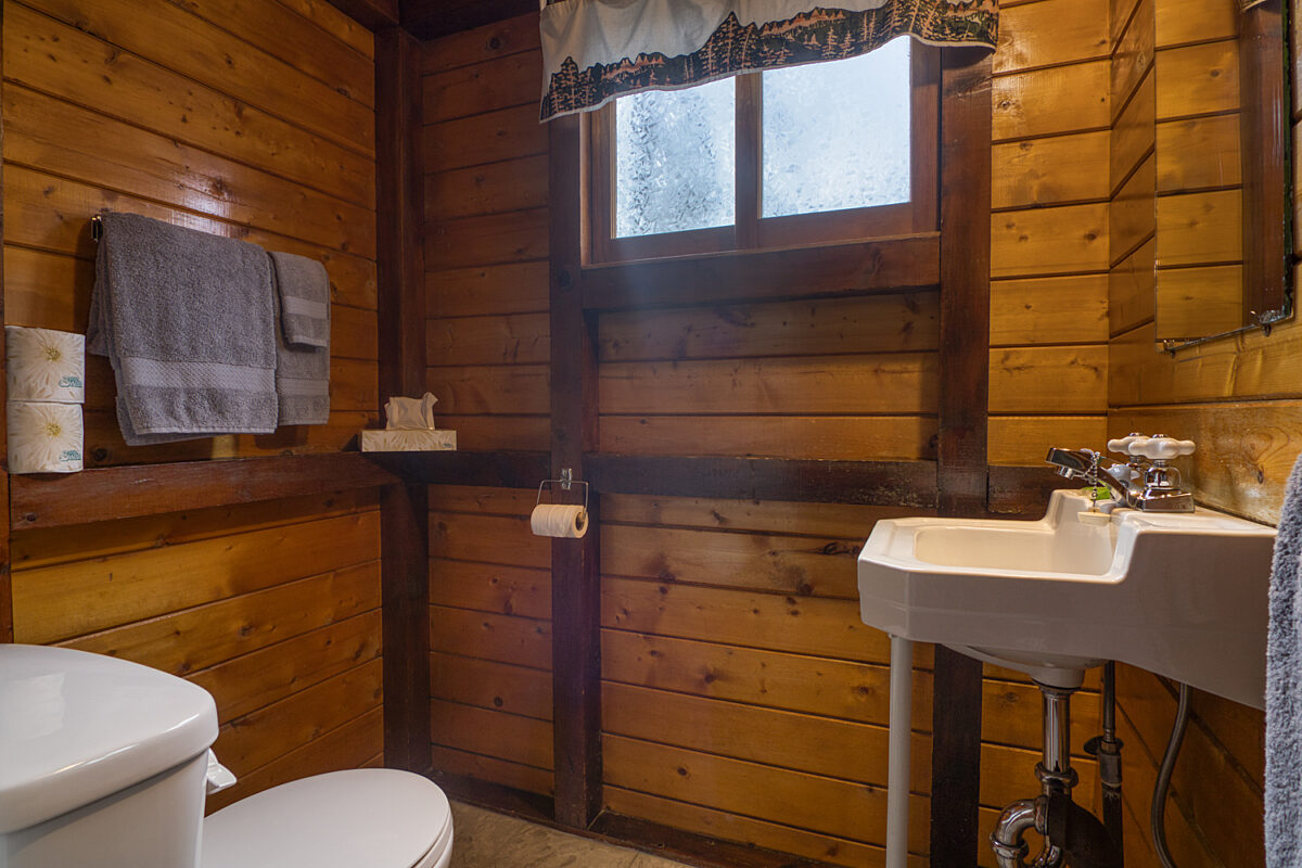 Bathroom area in wood panelled cabin.