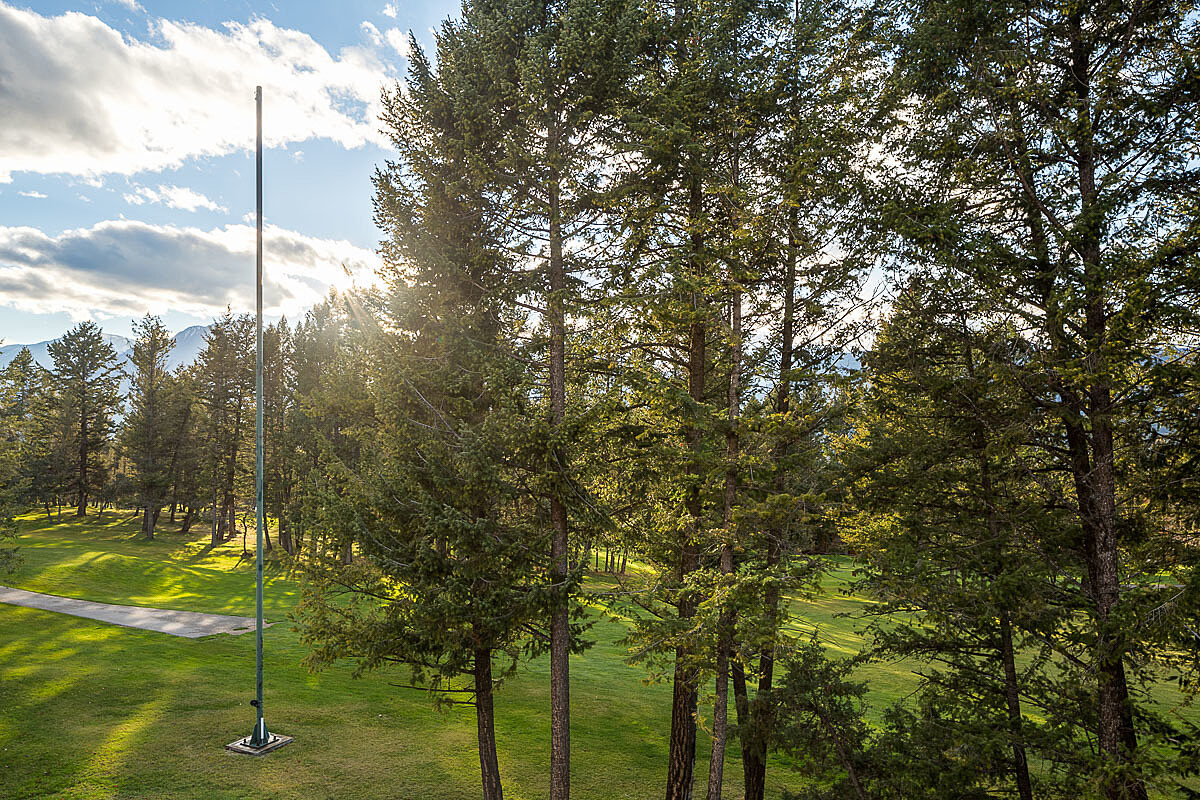 View of golf course from window with green grass and trees.