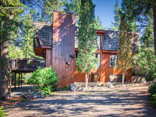 Wood panelled cabin surrounded by trees.