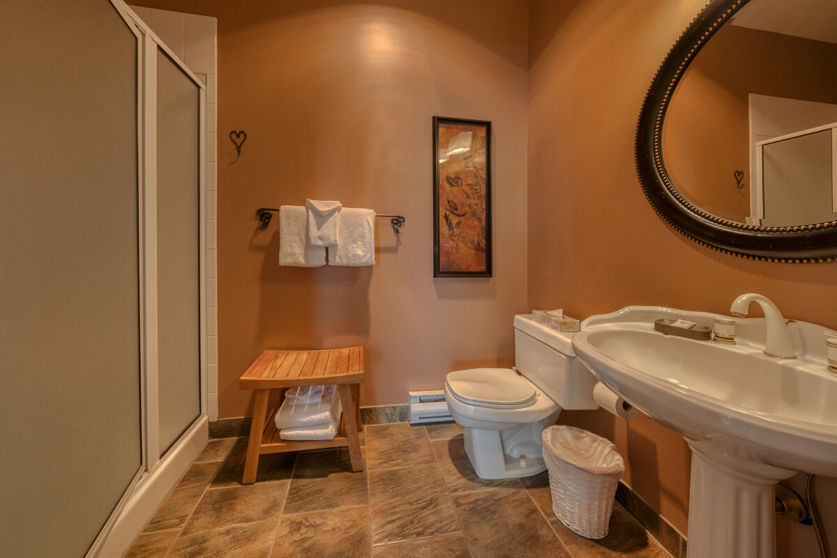 Main floor bathroom with sink, toilet, and mirror.