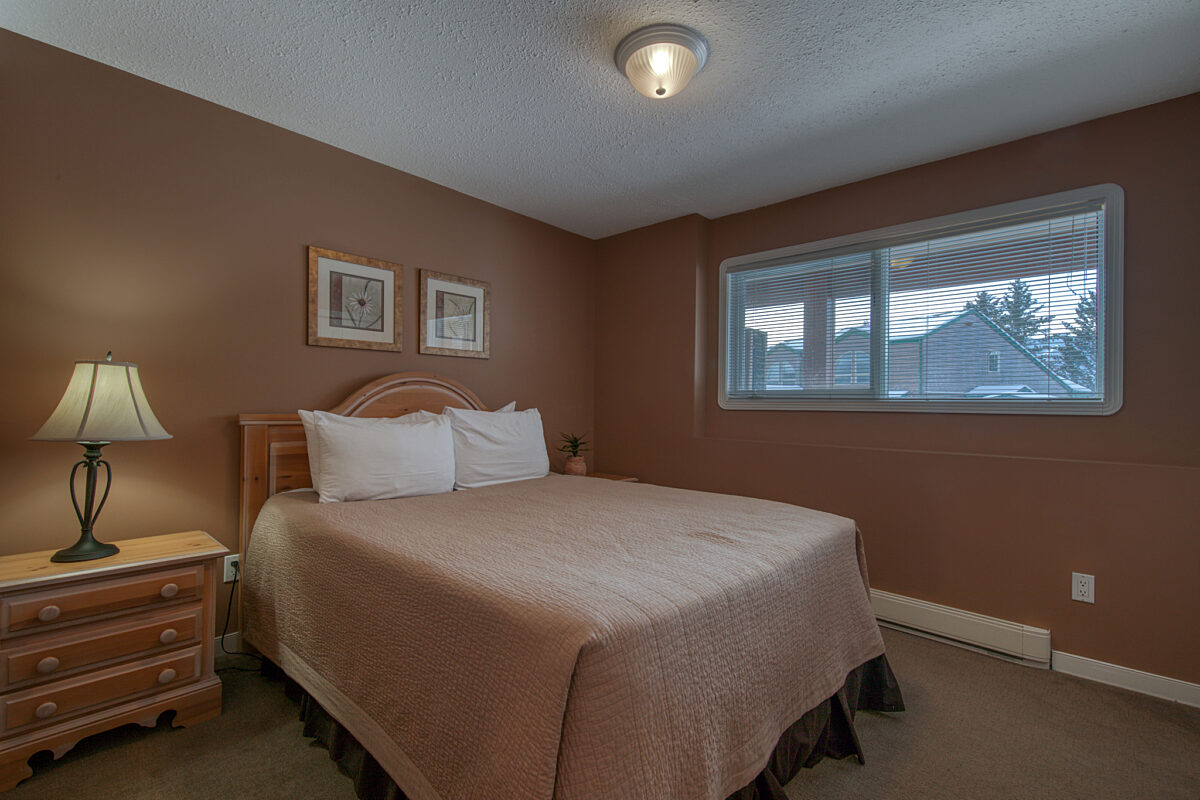 Bedroom with queen bed, bedside table with lamp, and window to the right.