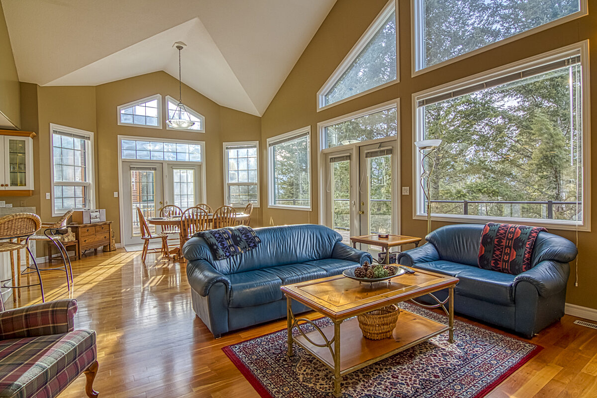 Living room with two couches and coffee table surrounded by tall ceilings and walls with many windows overlooking trees.