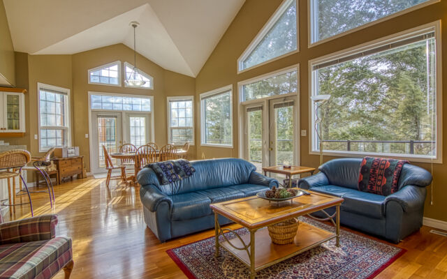 Dining room and living room as viewed from the loft above. Light wood dining table and chairs, blue couch and chair, rug, coffee table, and fireplace.