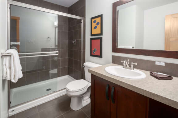 Bathroom with shower, sink, vanity