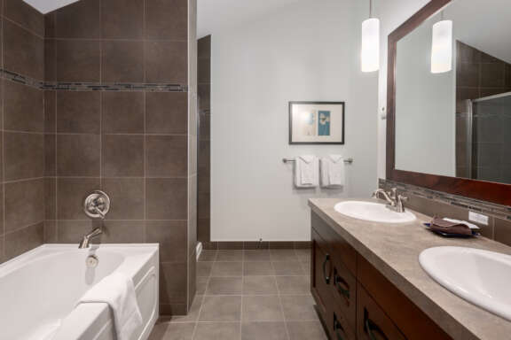 Bathroom area with double sink vanity and bathtub.