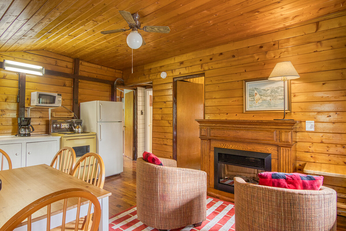 Living space with fireplace, chairs, dining room table, and kitchen to the rear.