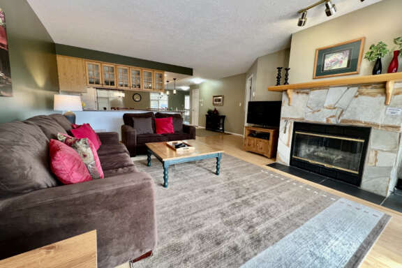 Living room with a brown velour couch, brown rug, fireplace, and coffee table.