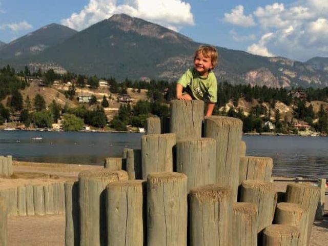 James Chabot Provincial Park playground. Child plays at the beach.