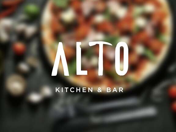 Alto Kitchen & Bar Restaurant logo with pizza in background.