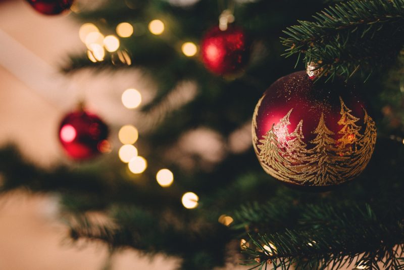 Christmas tree ornaments on a tree