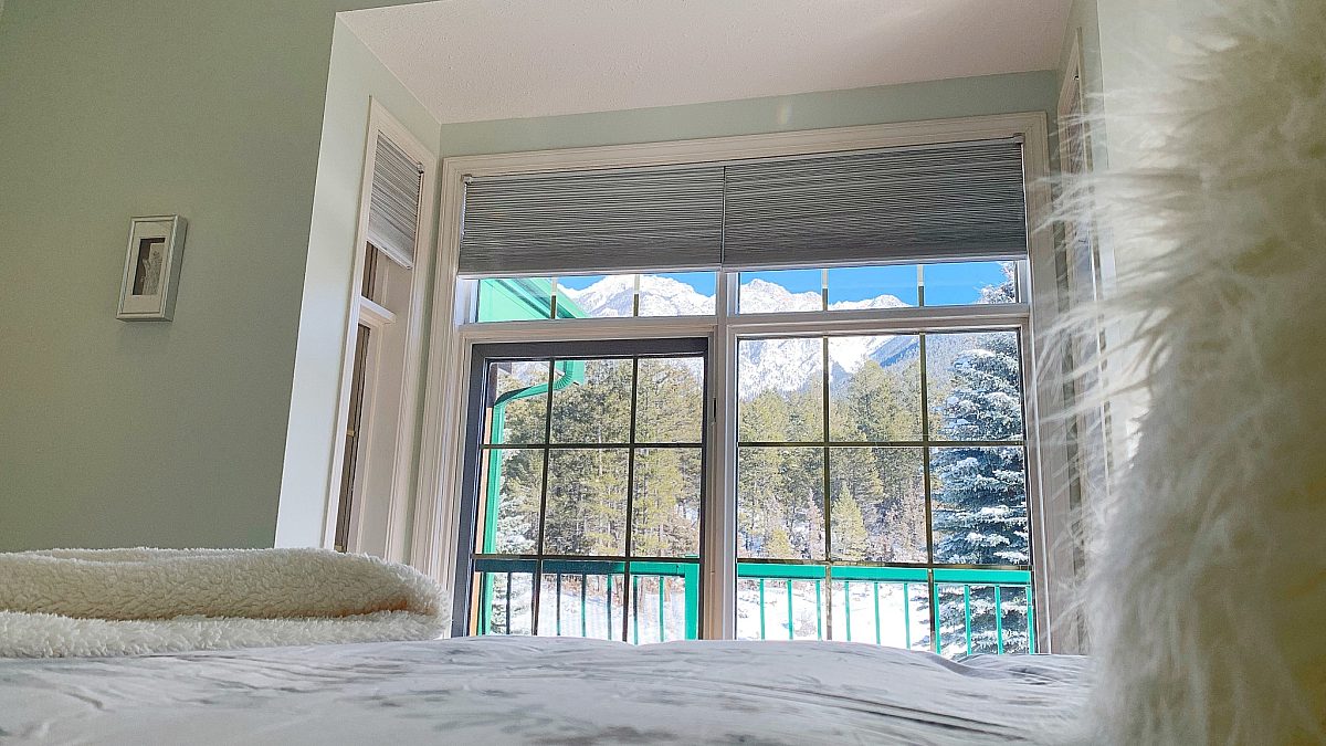 Bedroom window with view of mountains and trees