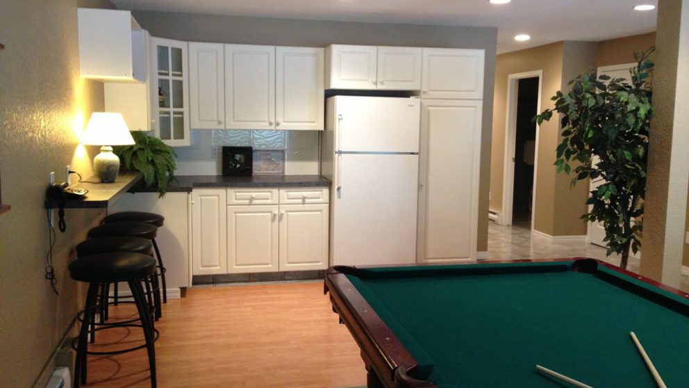 Recreation room with pool table and wet bar with sink and fridge.