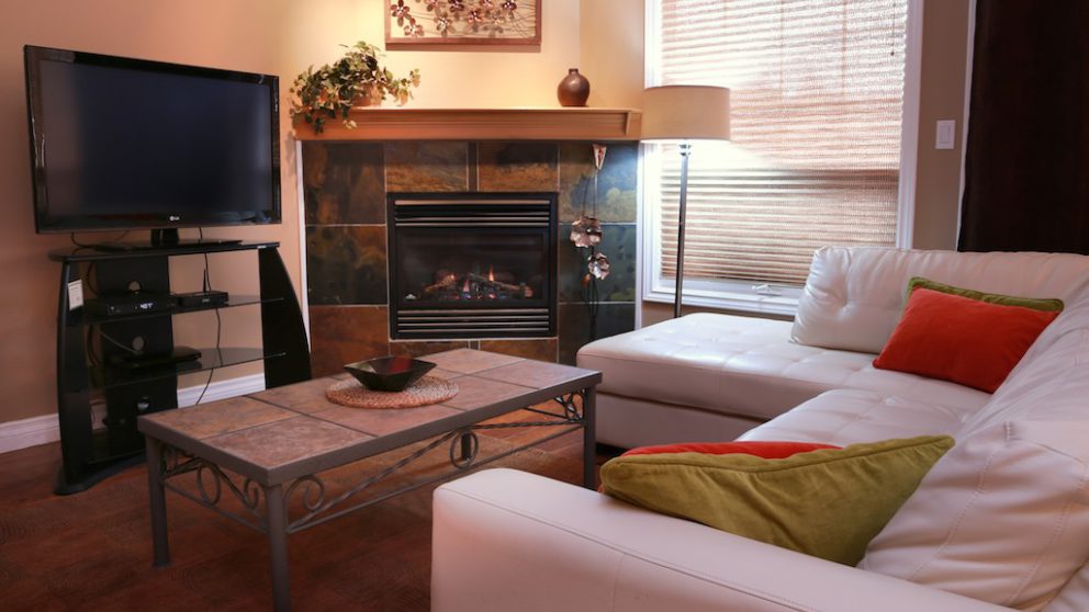 Living space with couches, fireplace, coffee table.