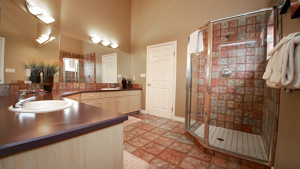 Ensuite bathroom with tiled shower and vanity.