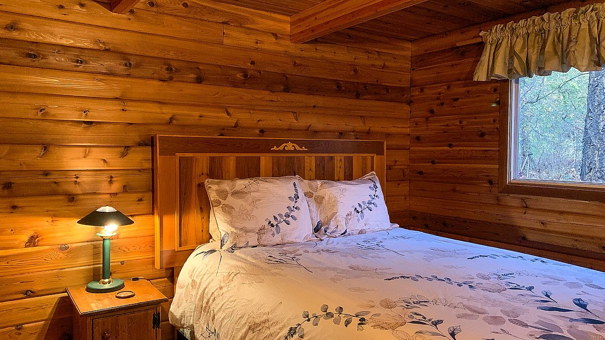 Bedroom with wood panelling, queen bed with white bedding, and a bedside table with lamp.
