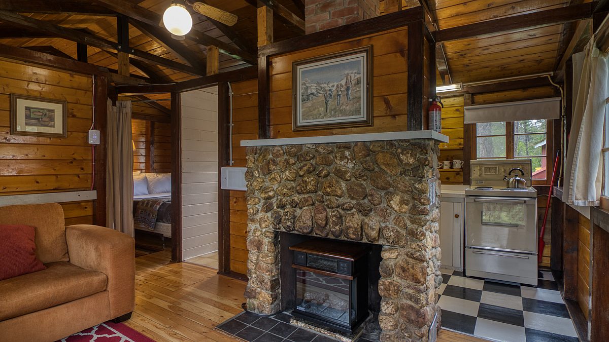 Stone fireplace in wood panelled cabin living room.