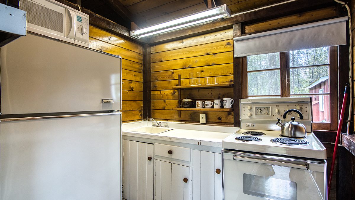 Wood panelled cabin kitchen with white appliances.