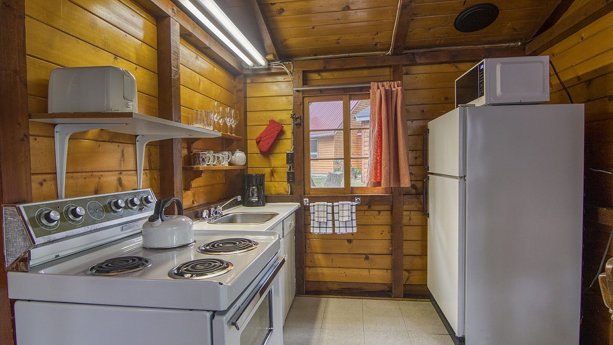 Kitchen area with wood panelling