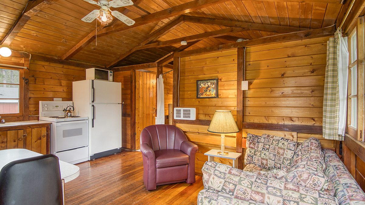 Living room of wood panelled cabin with floral couch, lamp, and window. Kitchen area with appliances to the right.
