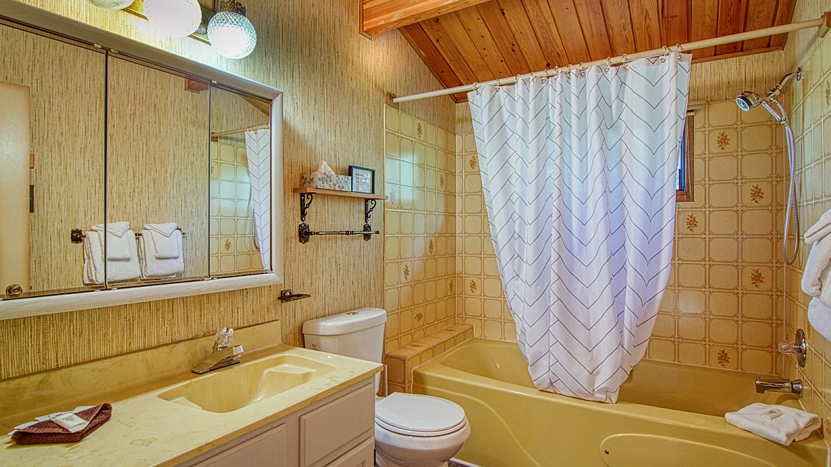 Retro style bathroom with shower and bath, vanity, toliet