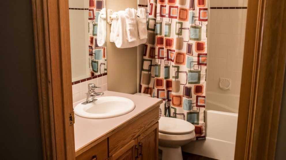 Bathroom with vanity, shower, toilet, and patterned shower curtain.