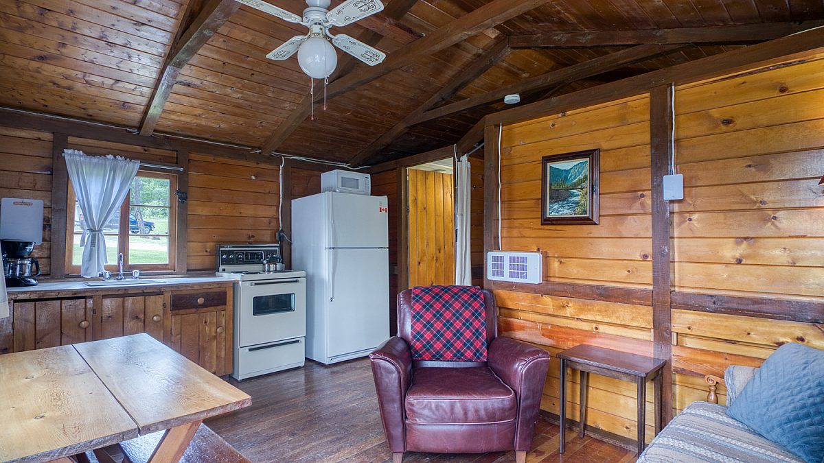 Kitchen area in wood panelled cabin. White appliances and counterspace.